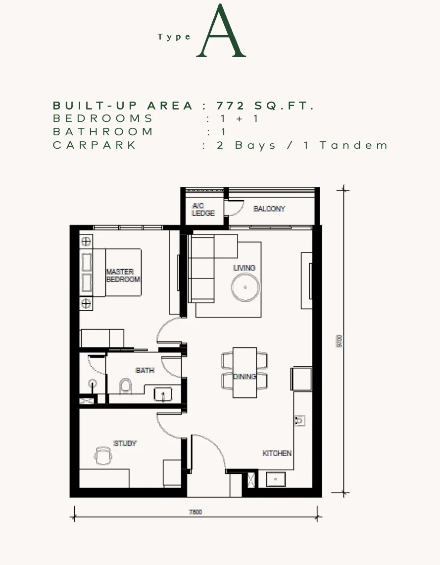 Floor plan of Type A, a 1+1 bedroom layout with one bathroom, a balcony and two car bays in tandem.