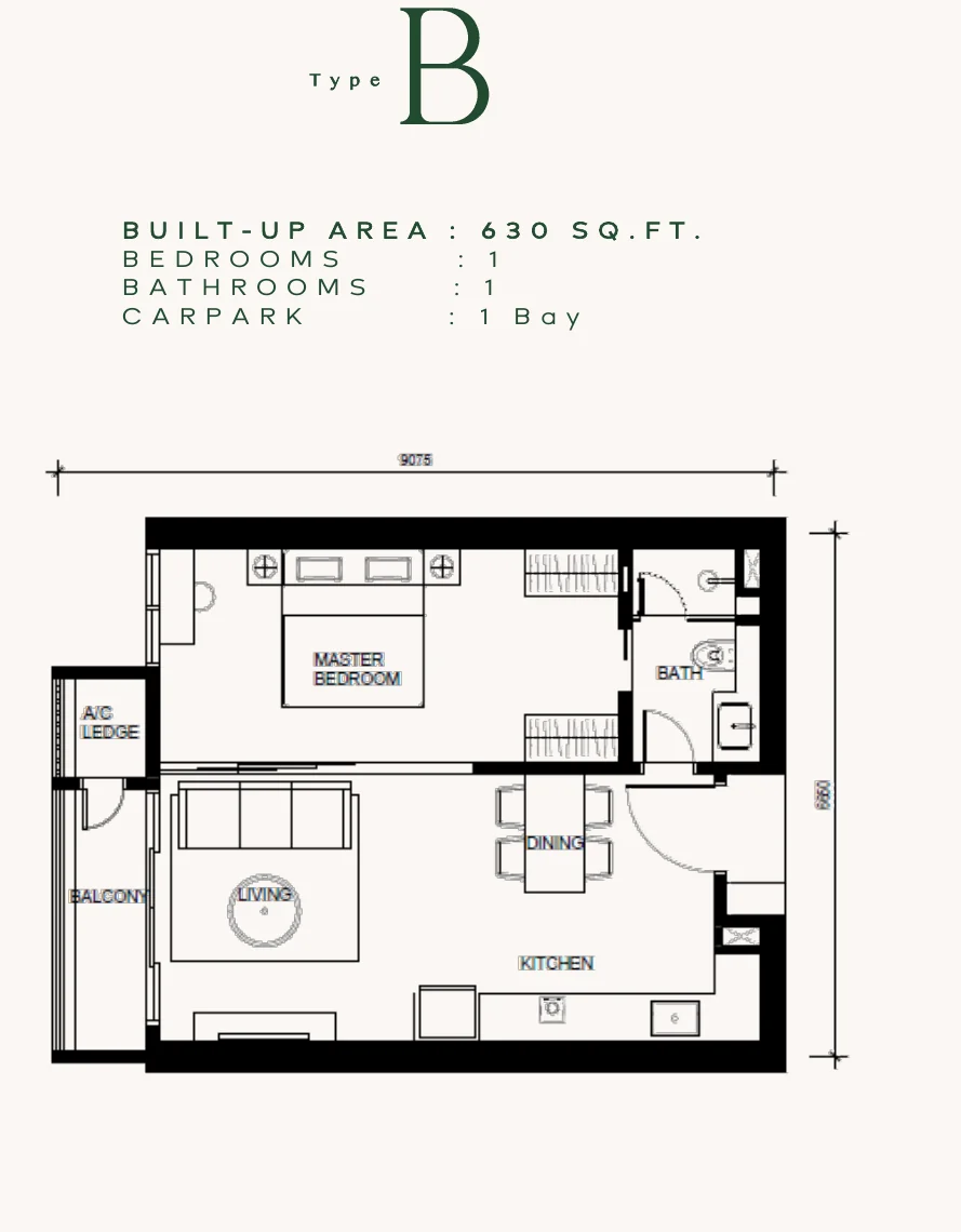 Floor plan of Type B, a one-bedroom layout with one bathroom and one car bay.