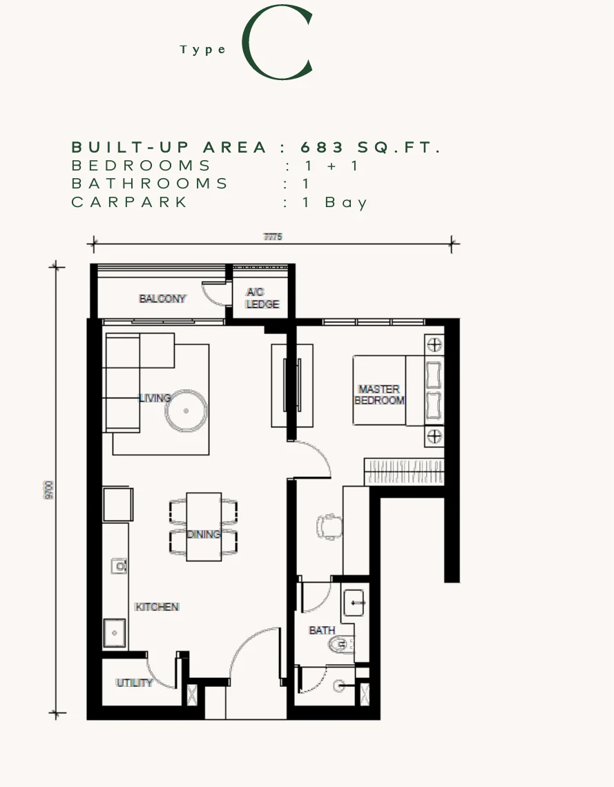 Floor plan of Type C, a 1+1 bedroom layout with one bathroom and one car bay.