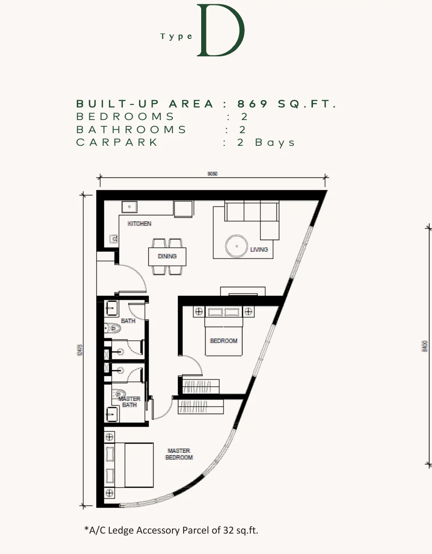 Floor plan of Type D, a two-bedroom layout with two bathrooms and two car bays.