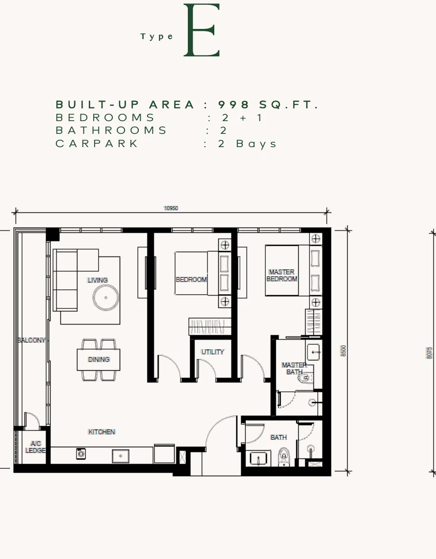 Floor plan of Type E, a 2+1 bedroom layout with two bathrooms and two car bays.