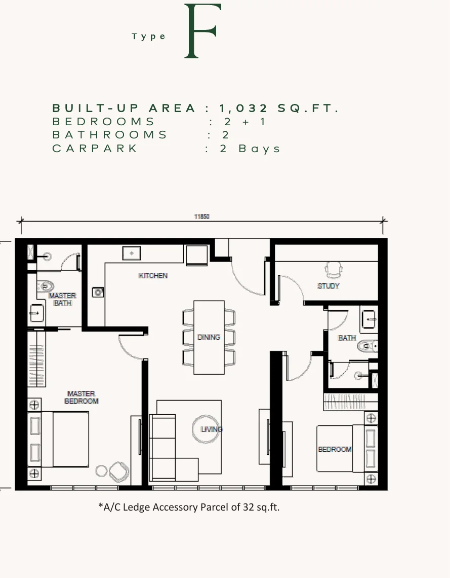 Floor plan of Type F, a 2+1 bedroom layout with two bathrooms and two car bays.