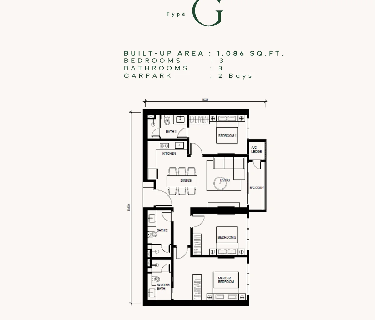 Floor plan drawing of Type G, a three-bedroom layout. The drawing prints 1,086 square feet. The approved advert lists approximately 1,095 square feet.