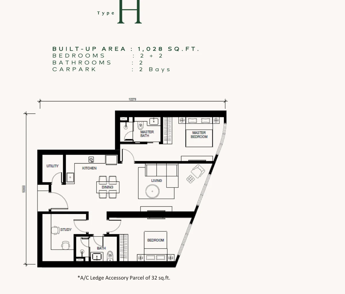 Floor plan drawing of Type H. The drawing prints 1,028 square feet. The approved advert lists approximately 1,032 square feet, with a 2+2 bedroom layout.