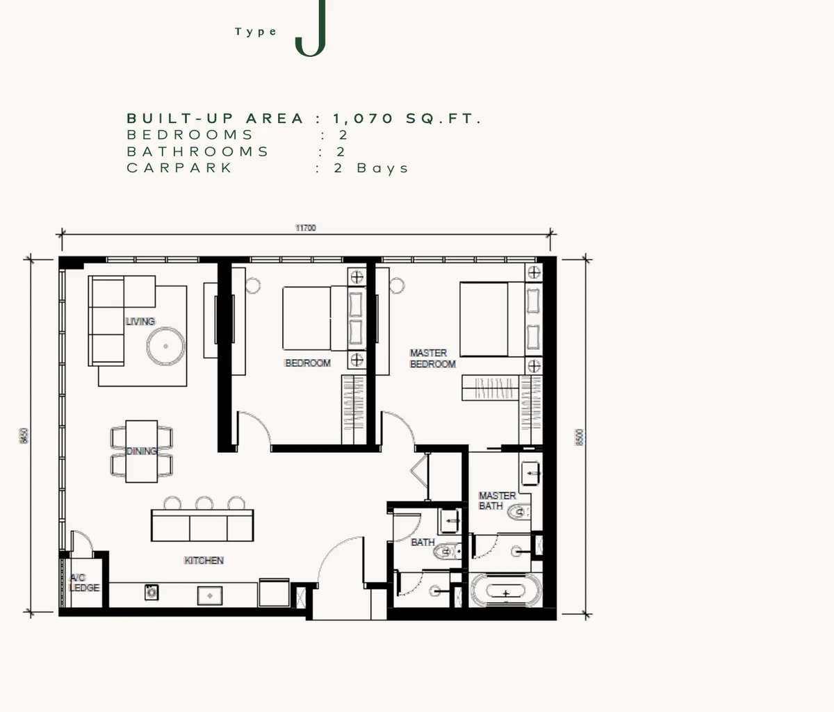 Floor plan of Type J, a two-bedroom layout with two bathrooms, including a bath tub, and two car bays.