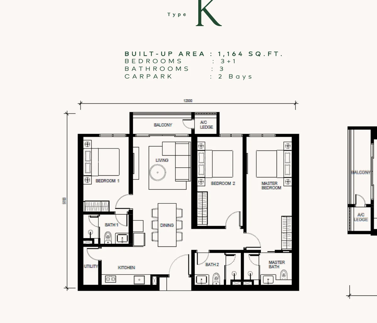 Floor plan of Type K, a 3+1 bedroom layout with three bathrooms and two car bays.