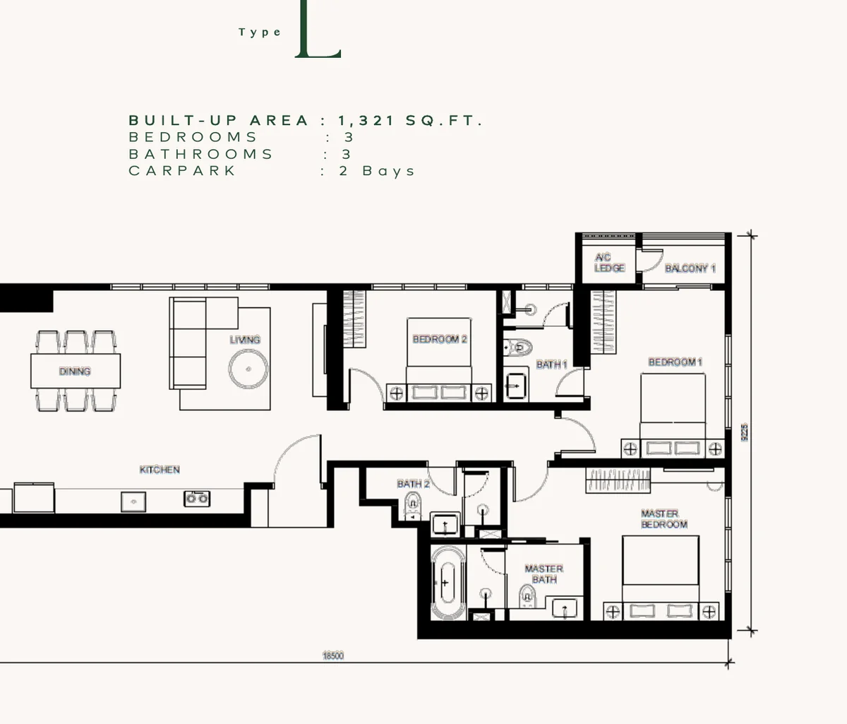 Floor plan of Type L, a three-bedroom layout with three bathrooms, including a bath tub, and two car bays.