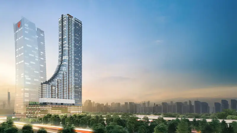 Daytime artist's impression of the Khaya Residences tower on Jalan Bangsar, with the city behind it.