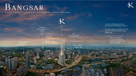 Sales-kit map marking nearby landmarks and walking times, including The Gardens and Mid Valley.