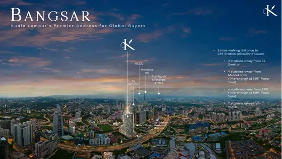Sales-kit map of rail connections from LRT Abdullah Hukum toward KL Sentral, TRX and KLCC.
