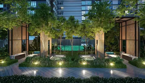Night artist's impression of a Level 8 pavilion with a jacuzzi.