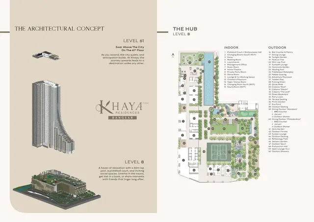 Numbered plan of Level 8, The Hub, with the indoor and outdoor facility legend.